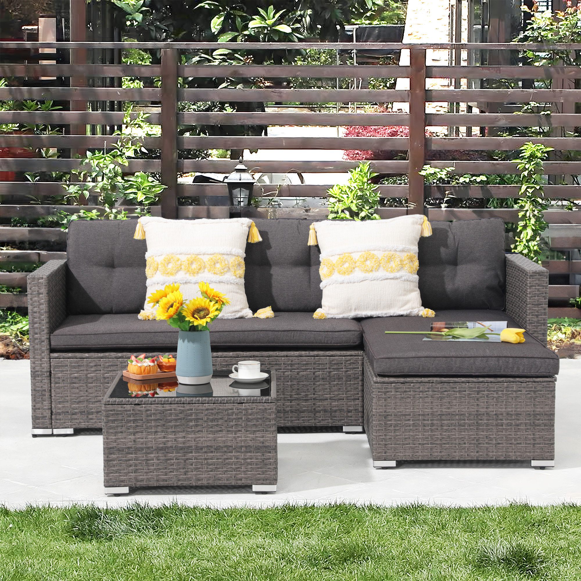 Presious 3 Piece Rattan Sofa Seating Group with Cushions Latitude Run Frame Color Gray Cushion Color Navy